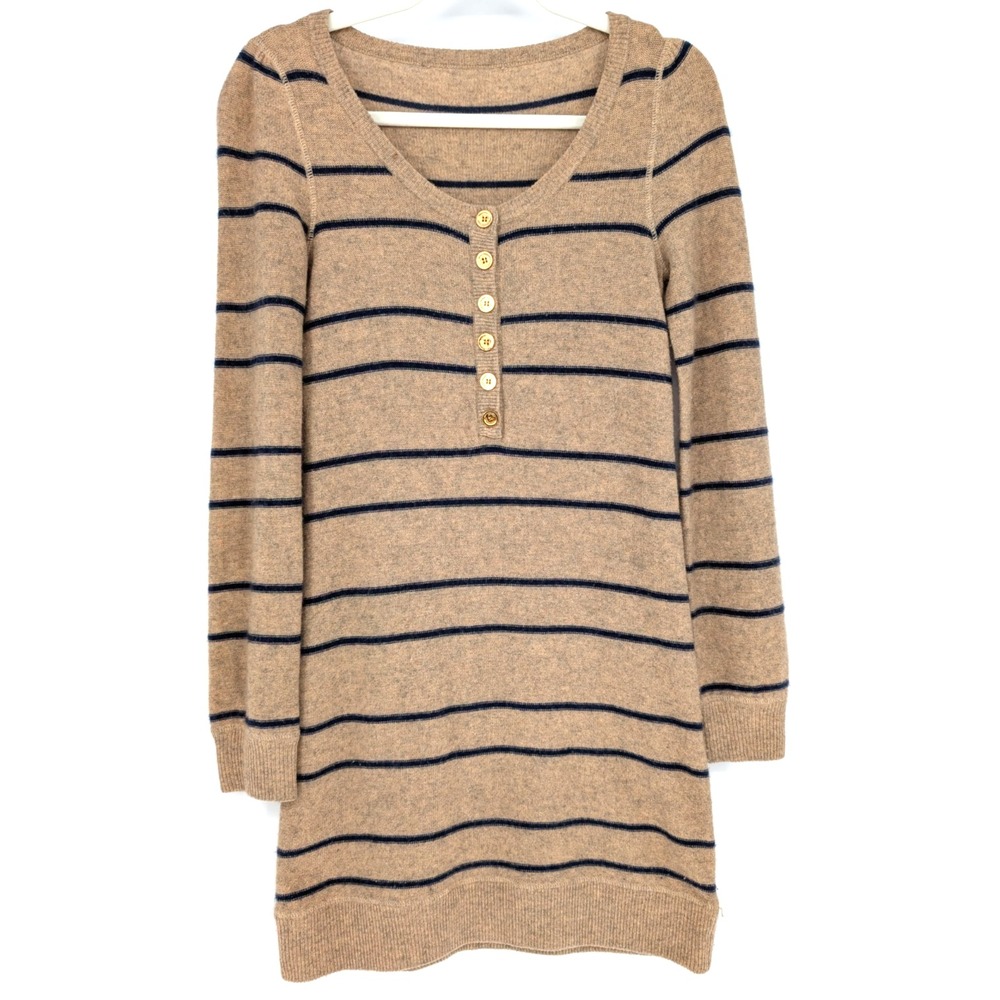 Juicy Couture Cashmere Blend Tan Navy Stripe Henley Sweater Dress SML Preppy Y2K